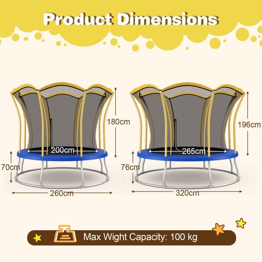 10FT Outdoor Garden Trampoline Safety Enclosure Net Steel Springs Yellow