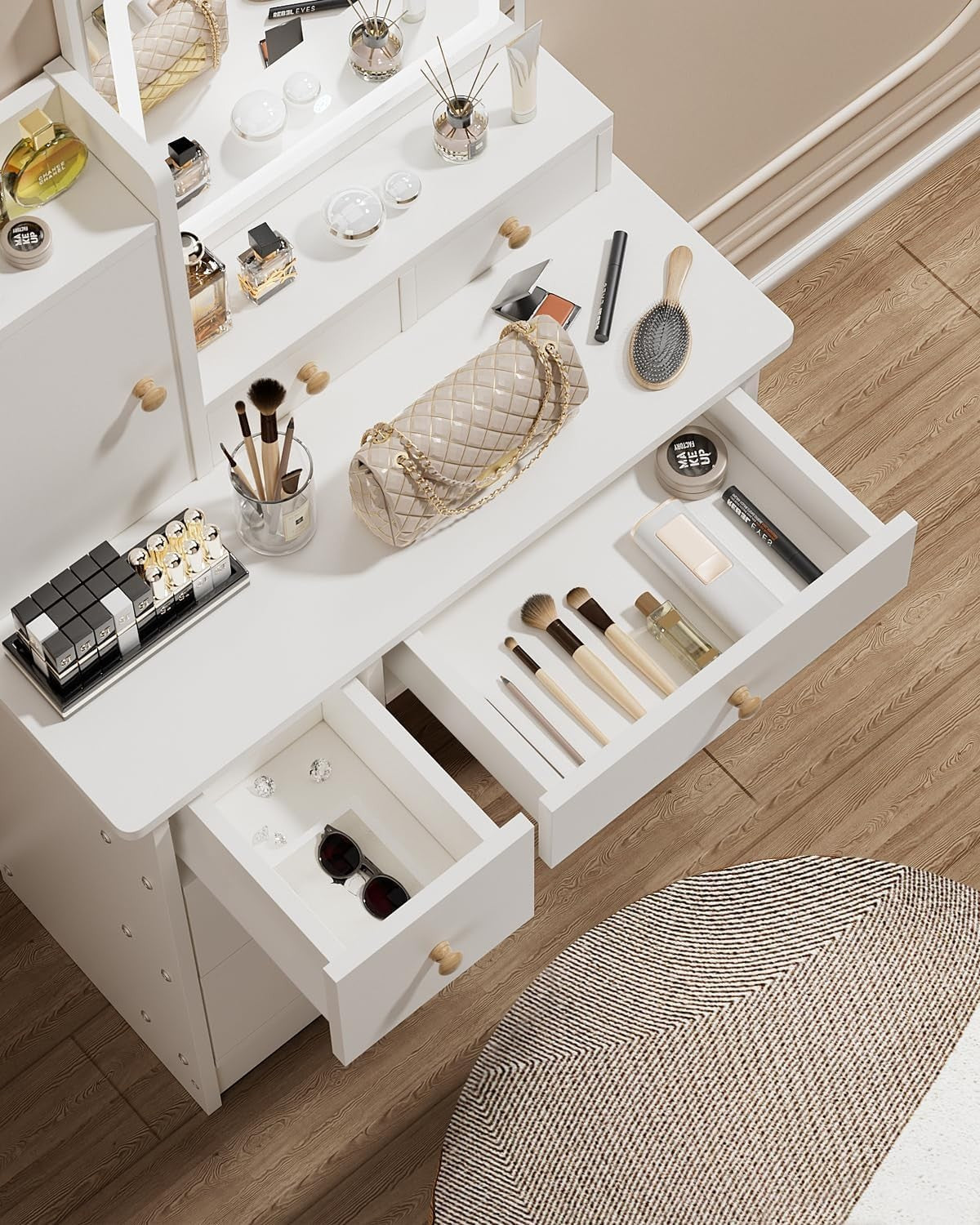 Modern Makeup Vanity Desk Adjustable Mirror 6 Drawers Wood Dresser 40x80x130cm