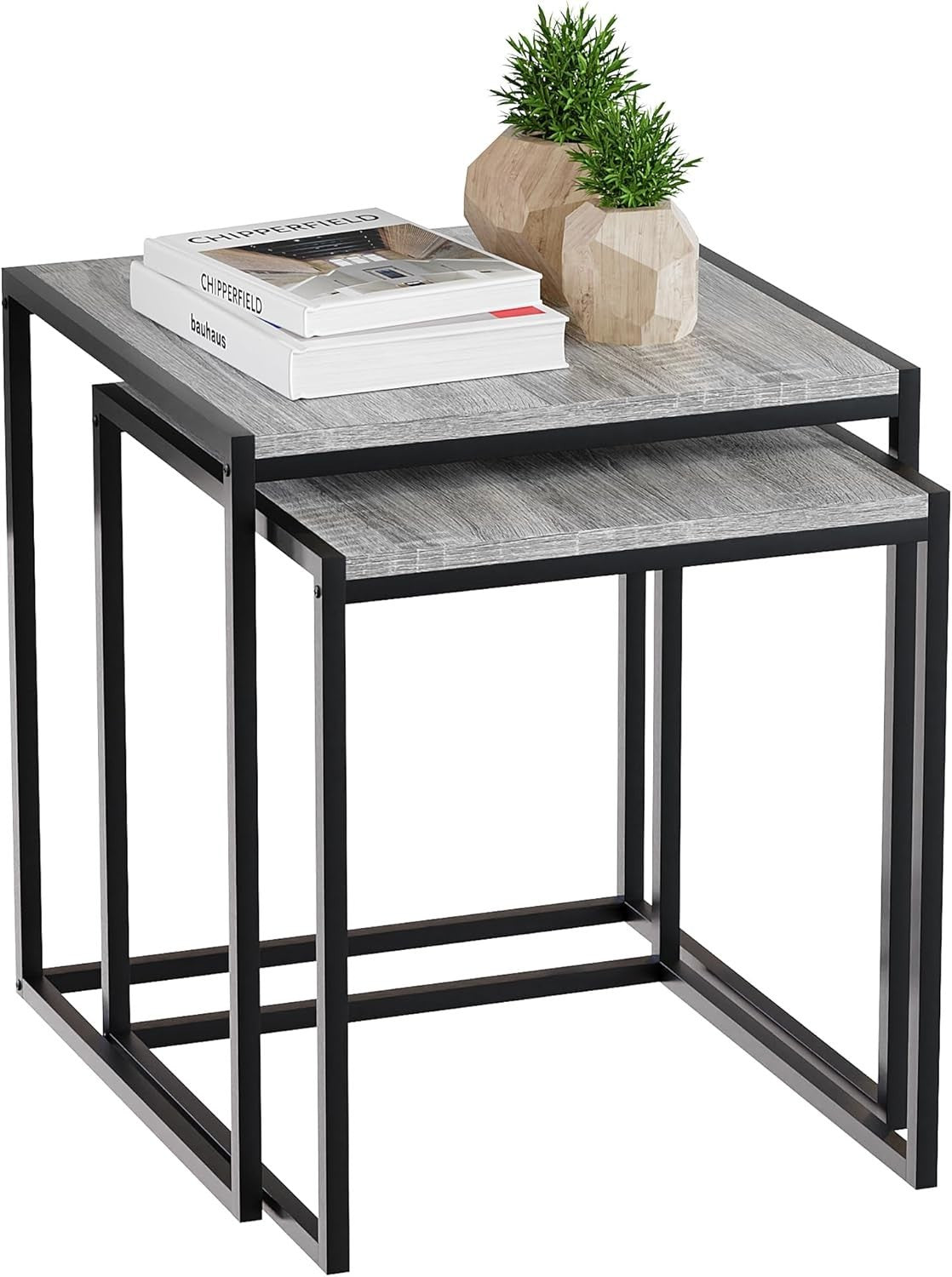 2x Grey Industrial Nesting Tables Set Metal Frame Engineered Wood Side End Coffe