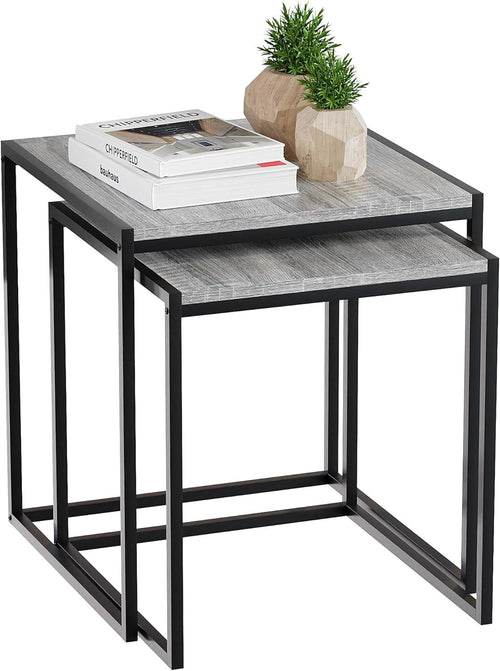 2x Grey Industrial Nesting Tables Set Metal Frame Engineered Wood Side End Coffe