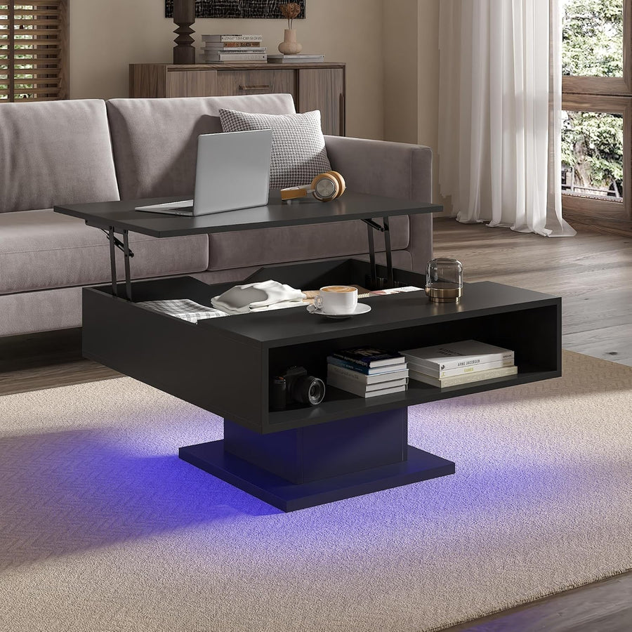 Lift Top LED Coffee Table with Storage 78x78cm – Black Modern Living Room
