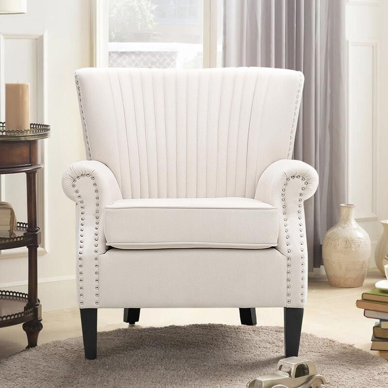 Beige Channel Armchair Deep Cushion Lounge Chair with Nailhead Trim