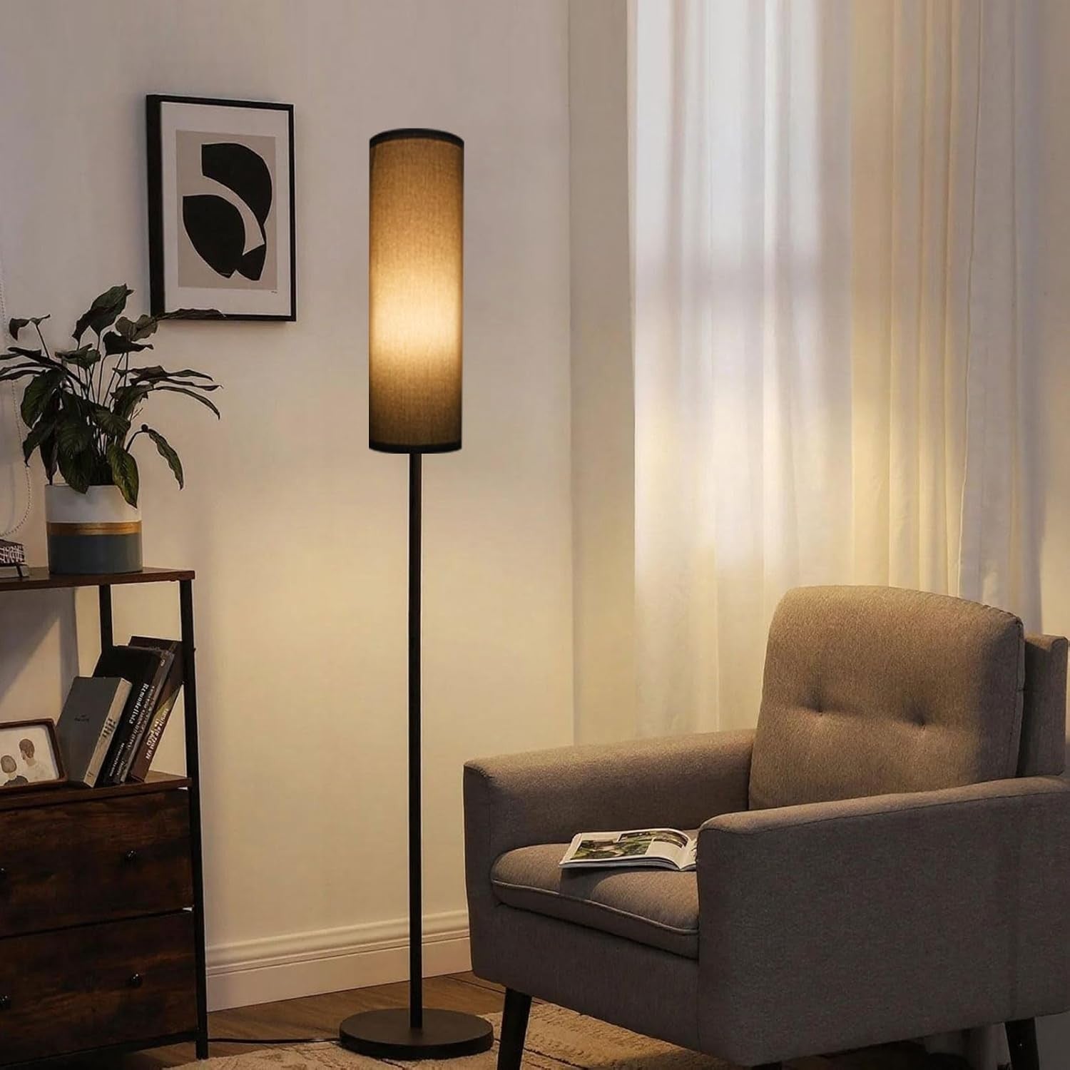 Tall Floor Lamp Black Fabric Shade 68in Standing Light Foot Switch