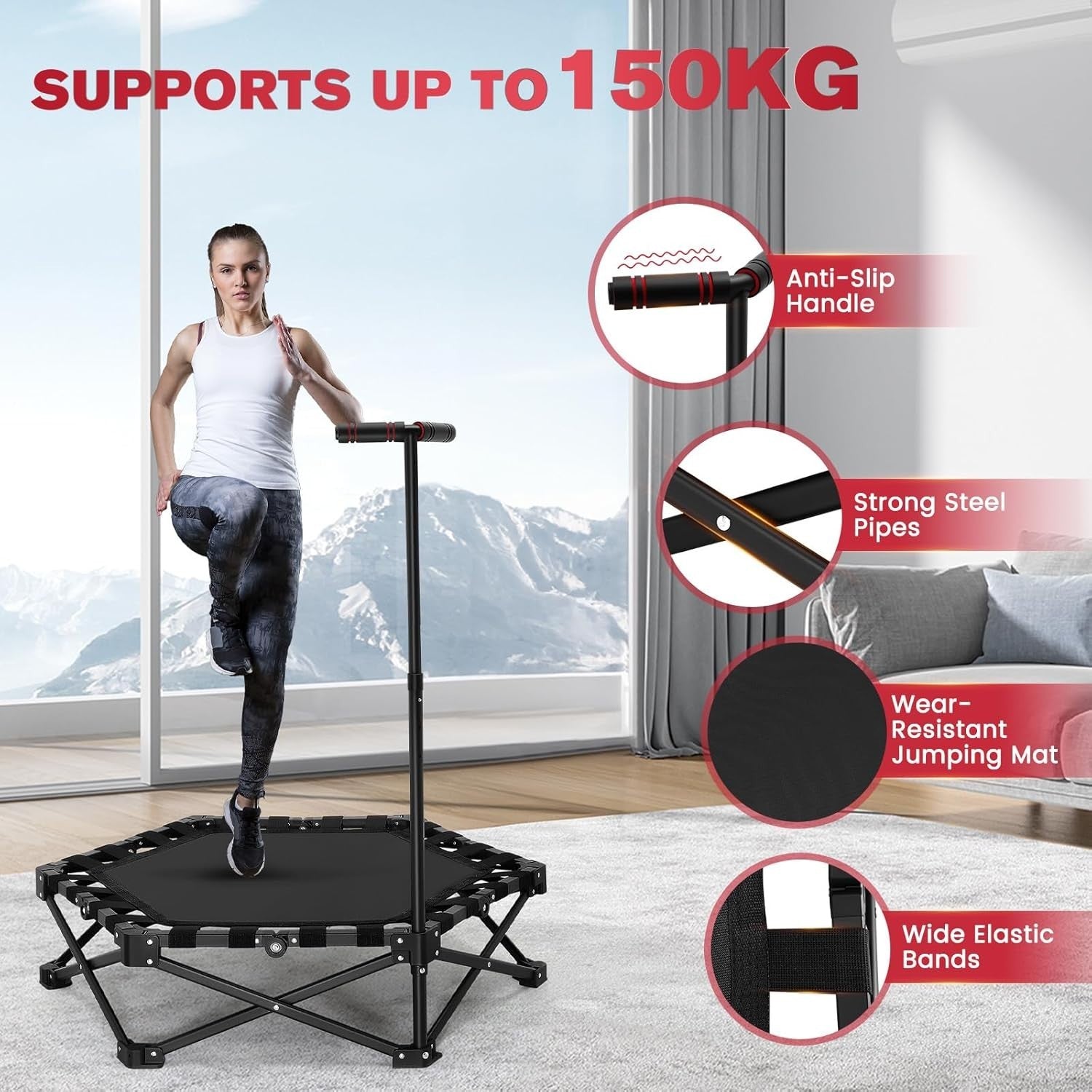Foldable Fitness Trampoline Indoor Rebounder w Adjustable Handle 150kg