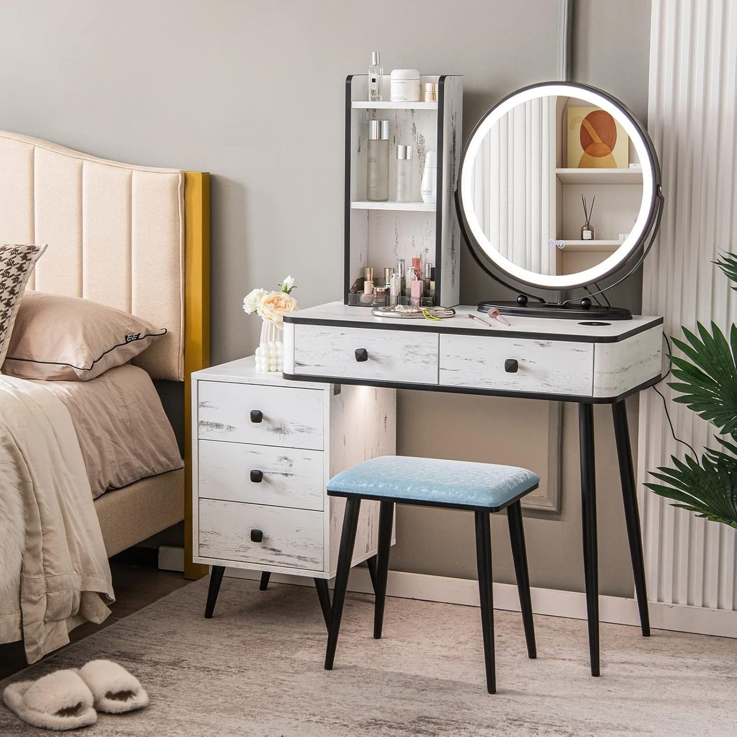 Vanity Desk Set w/LED Mirror & 3-Color Light, Charging Station, 2 Drawers, White