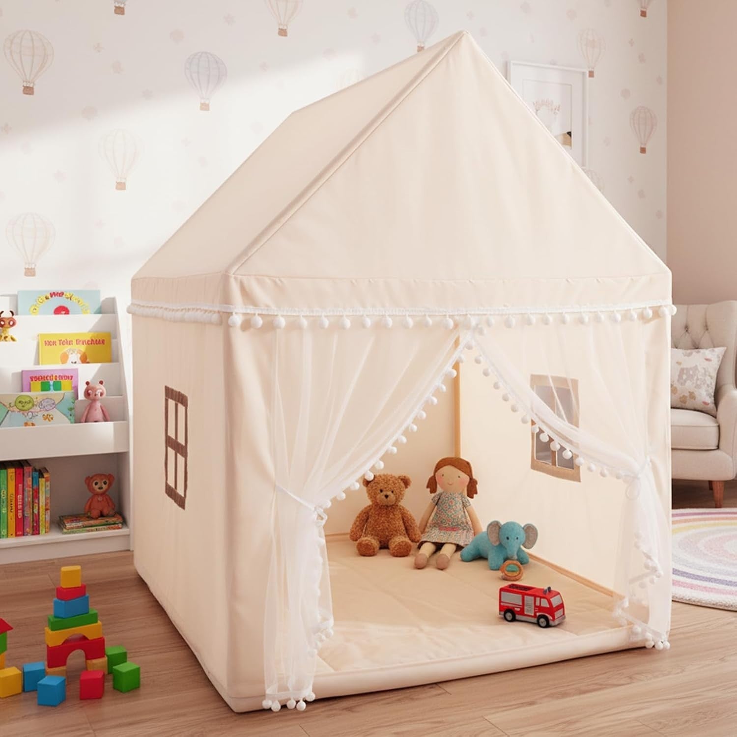Large Wooden Kids Play Tent Indoor Outdoor Castle w Washable Mat