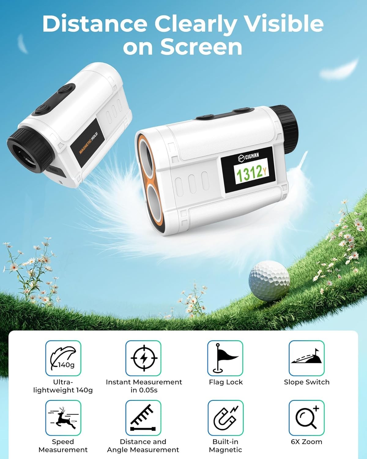 Golf Laser Rangefinder 1200Y Slope Side Display Rechargeable High Accuracy