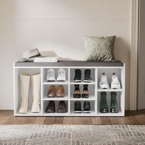 White Shoe Storage Bench with Cushion Seat 9 Cubes Adjustable Shelves Entryway