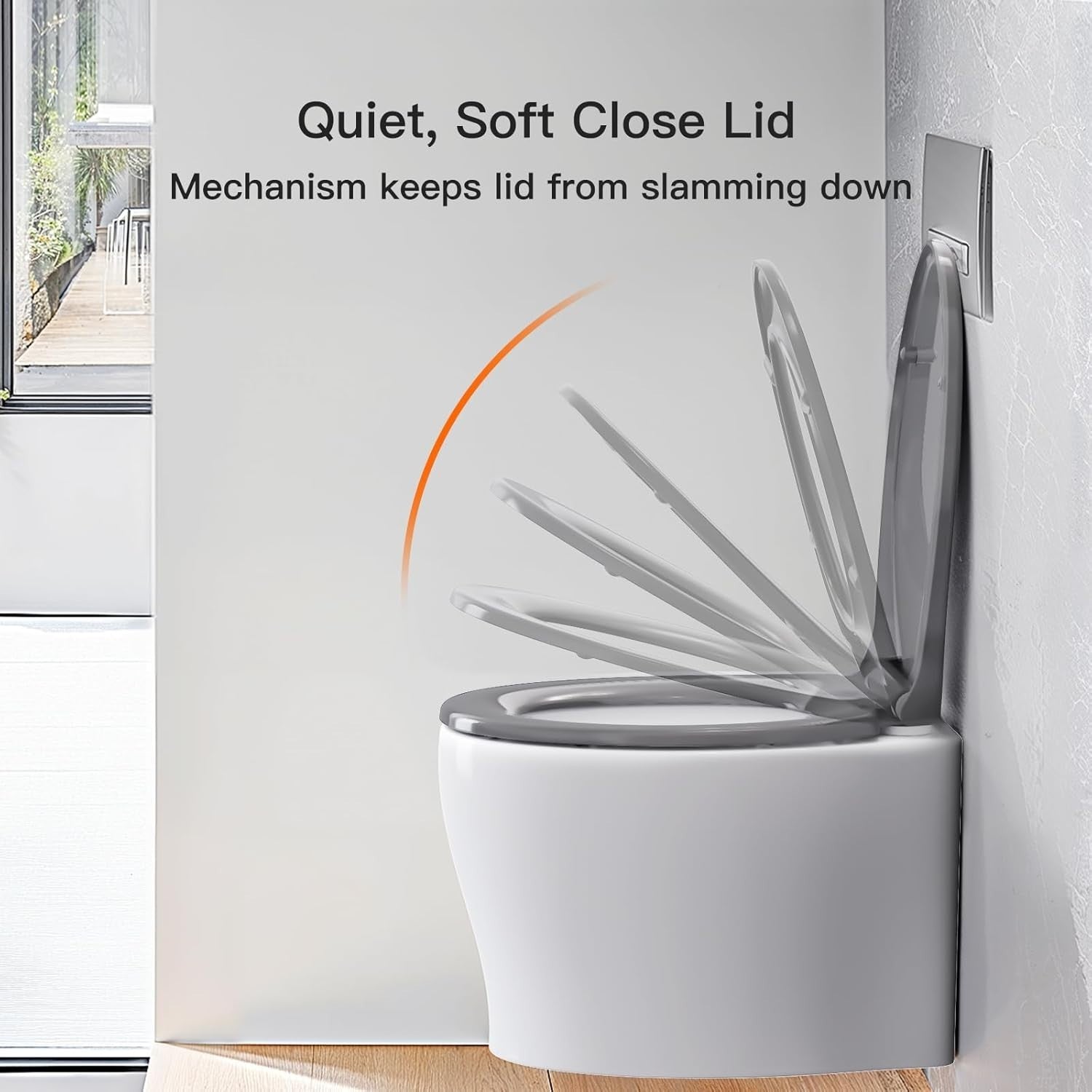 Soft Close Toilet Seat Top Fixing O Shape Grey Adjustable Hinges 44x37cm