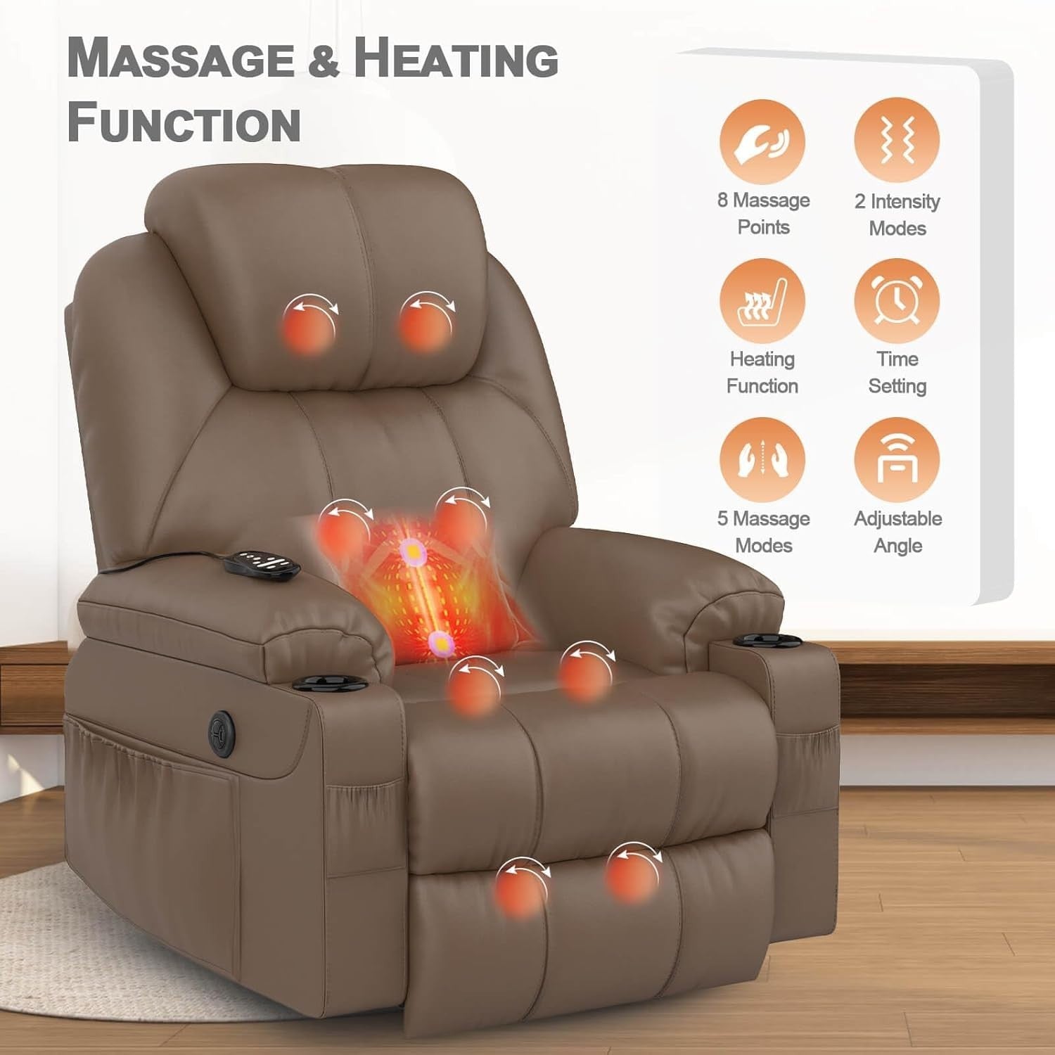 Power Lift Recliner Chair Massage USB Type-C Mocha Fabric Cup Holders Pockets