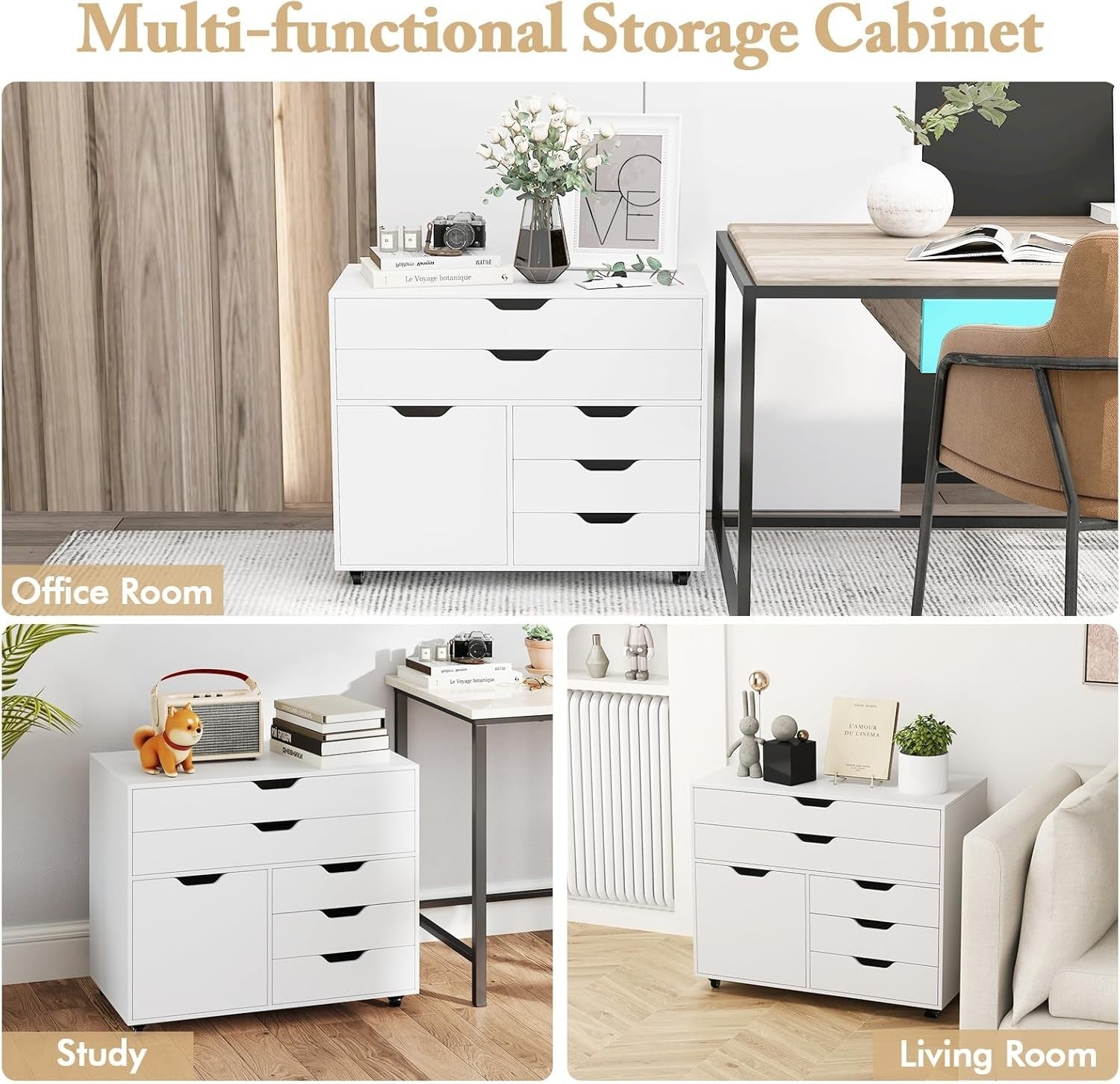 White Mobile File Cabinet 5 Drawer Side Cupboard Rolling Printer Stand