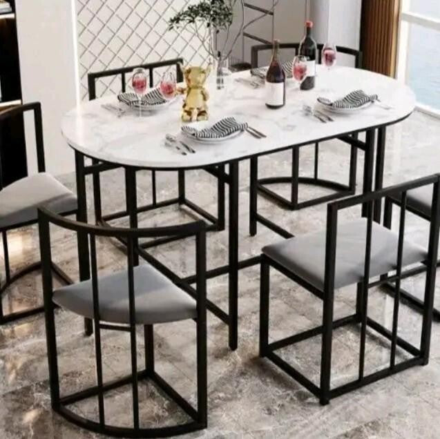6 Seater Marble Dining Table Set – Modern Black Frame + Cushioned Chairs