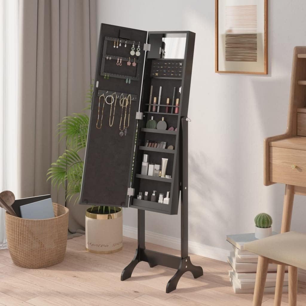 LED Standing Mirror Jewelry Cabinet Tilt Adjustable Storage Armoire Black