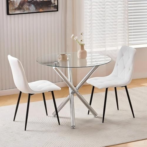 Round Glass Dining Table Set 2 Seater 90cm Velvet White Kitchen