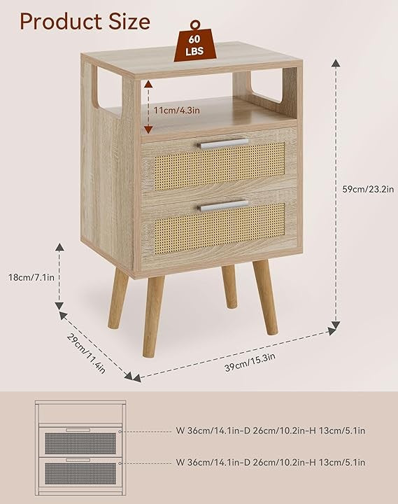 Boho Rattan Bedside Table with 2 Drawers & Open Shelf, Natural Wood Nightstand