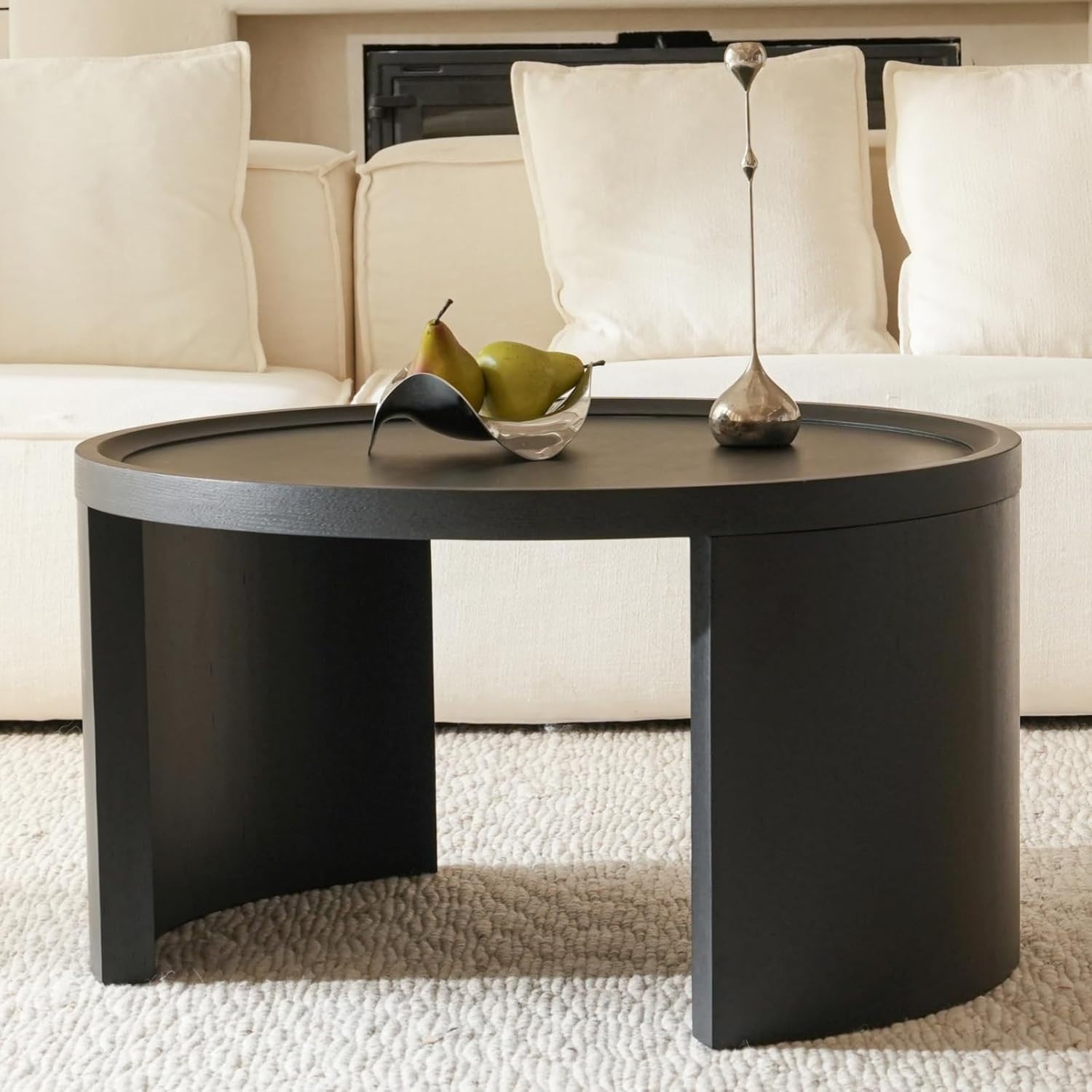 Set of 2 Round Coffee Tables, Pine Wood Side Tables, Black 80/46cm