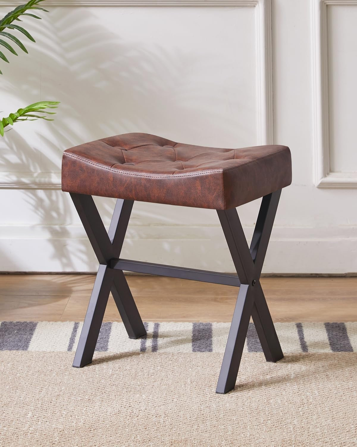 Dark Brown PU U-Shaped Vanity Stool with X-Legs – Modern Makeup Ottoman