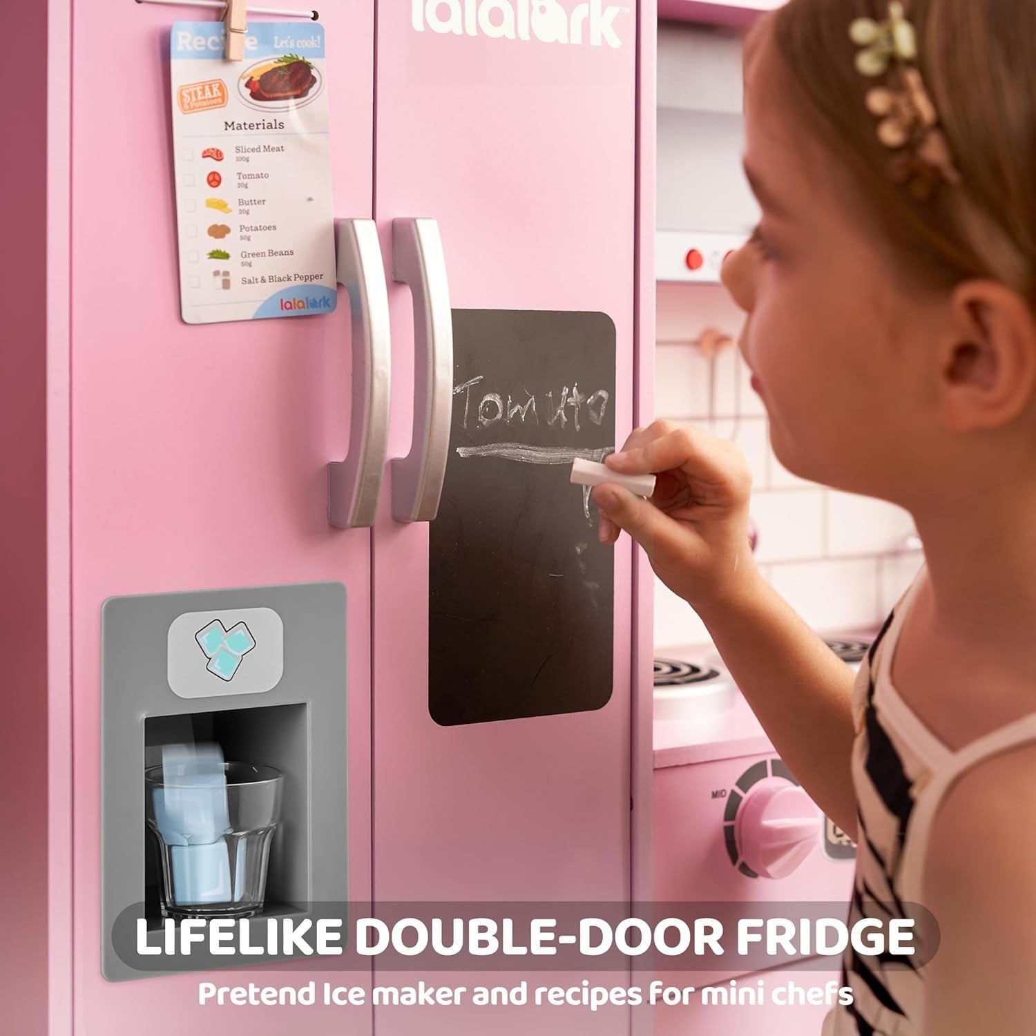 Large Wooden Kids Play Kitchen w/ Lights Sounds Ice Maker Pink