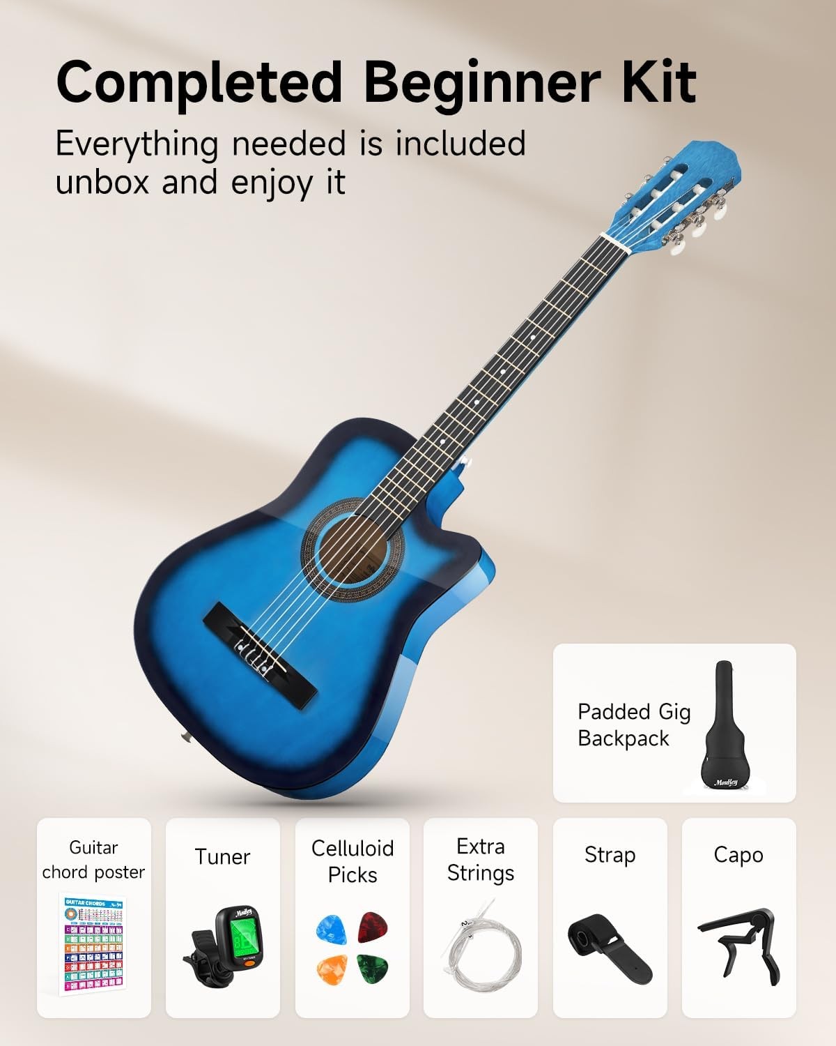 38" Blue Acoustic Guitar Kit Cutaway Nylon Strings w/ Bag & Tuner