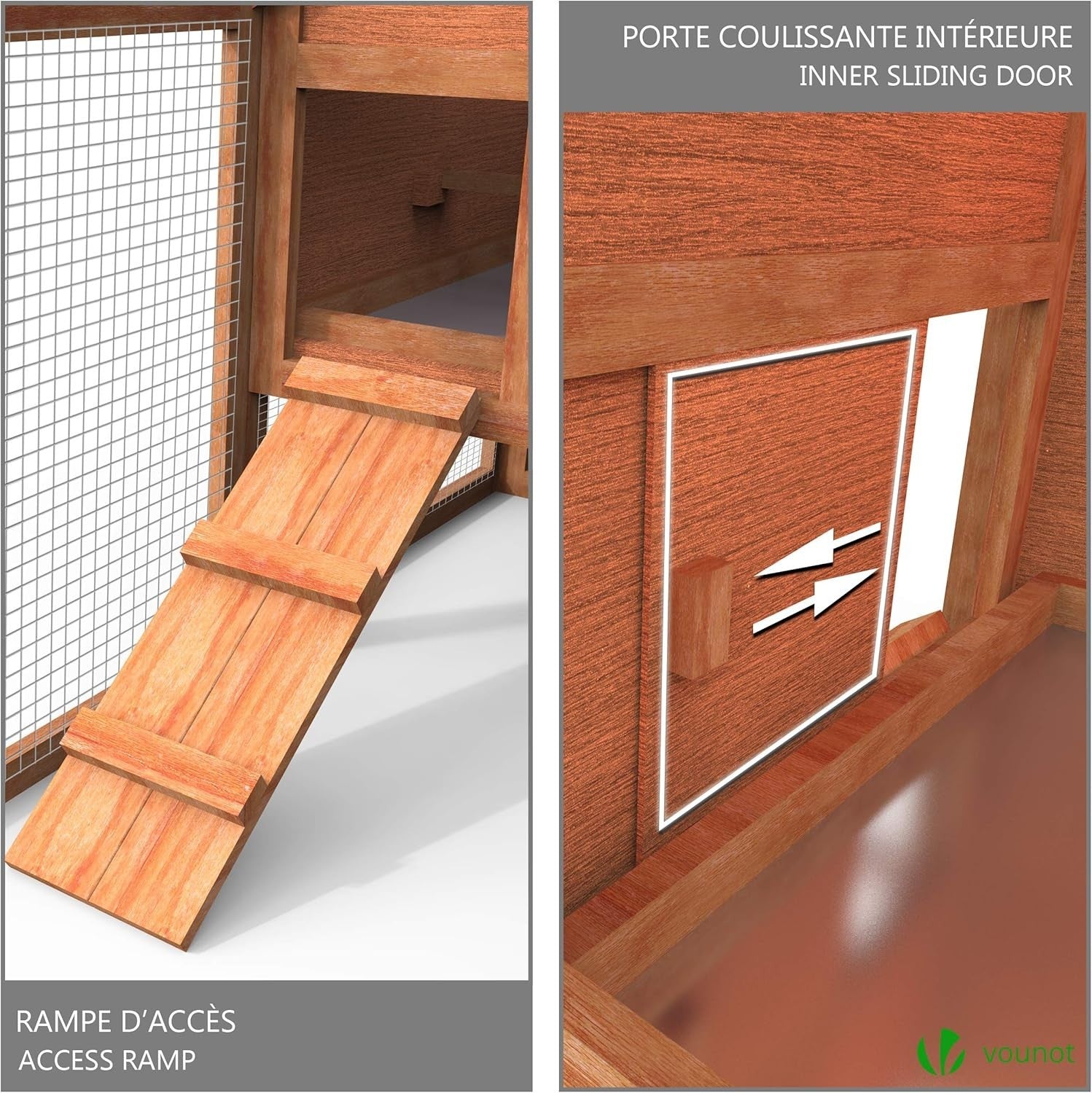 Wooden Chicken Coop Outdoor with Nest Box Ramp Easy Clean Hutch 2 Hens