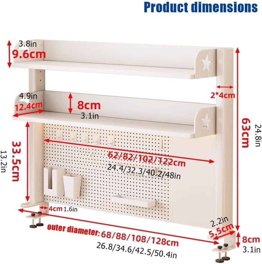 108x63cm Clamp-On Desktop Bookshelf 3-Tier Desk Hutch Pegboard Organizer Shelf