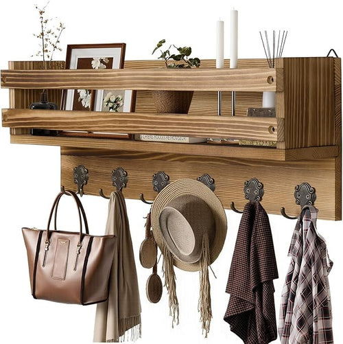 Rustic Wall Mounted Coat Rack 58cm | Wooden Shelf with 6 Metal Hooks for Coats