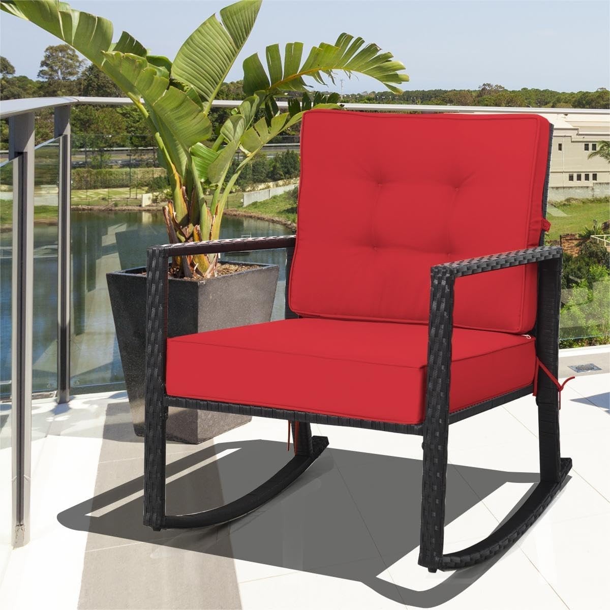 Outdoor Wicker Rocking Chair with Cushions & Armrest for Patio Comfort