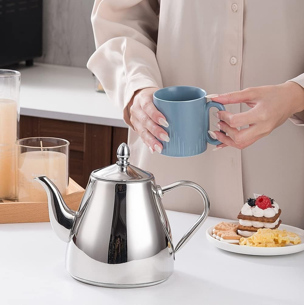 Stainless Steel Teapot 42oz 1.2L Tea Pot w Infuser Strainer Silver
