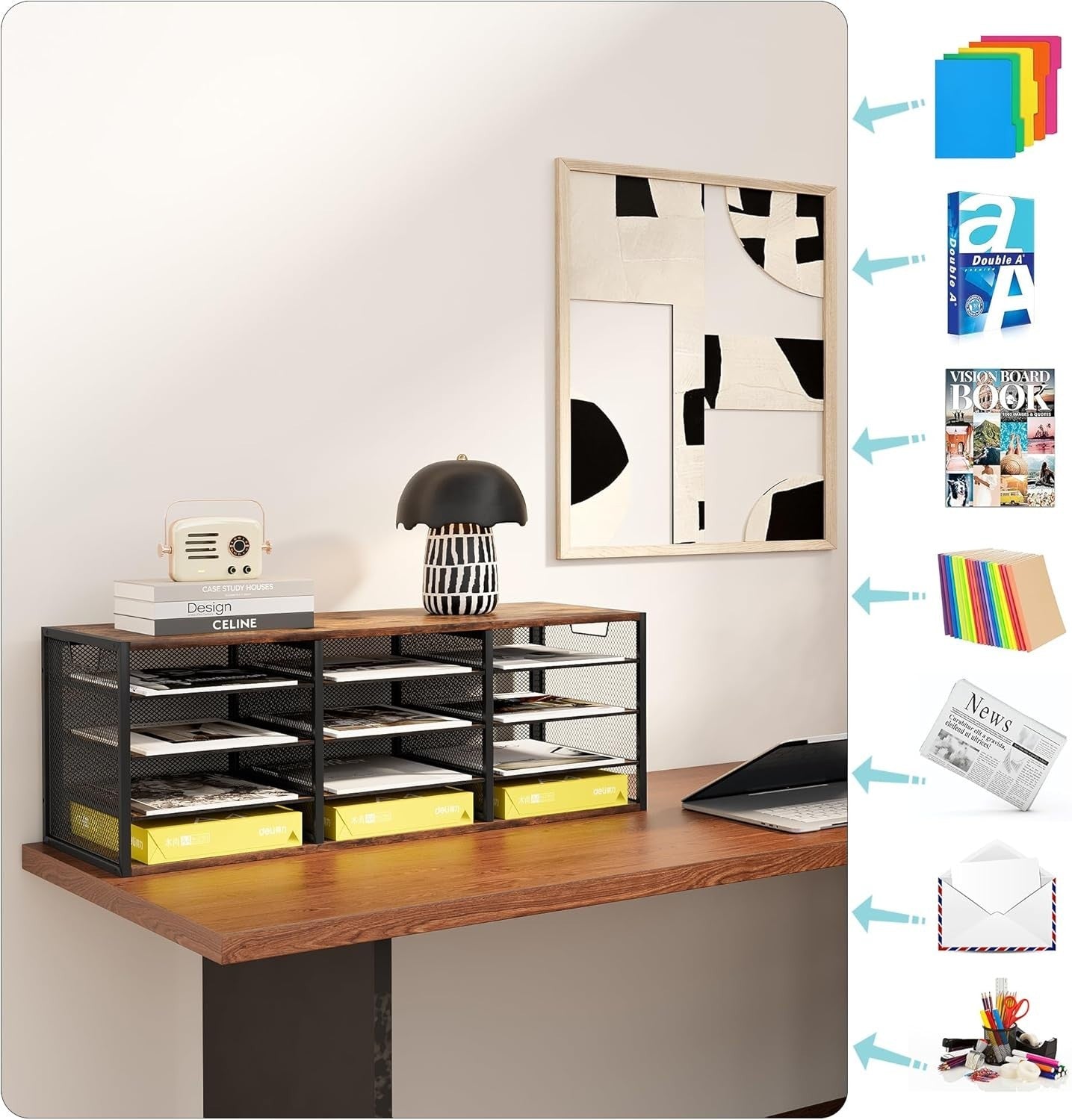 Metal & Wood Desk Paper Organizer 12 Compartments A4 Sorter