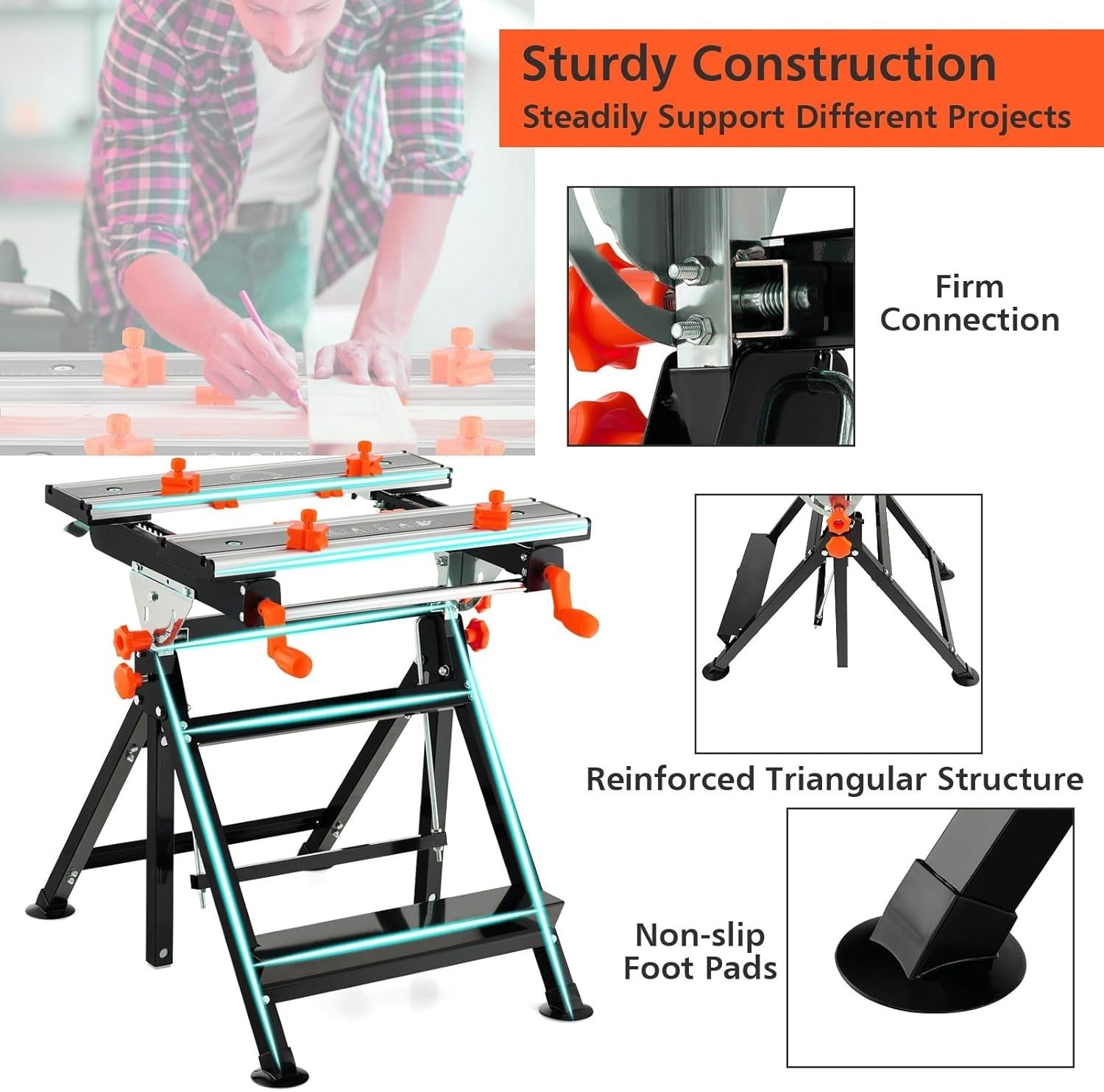 Folding Workbench 7-Level Adjustable Tilt Table Sawhorse Clamps Heavy Duty
