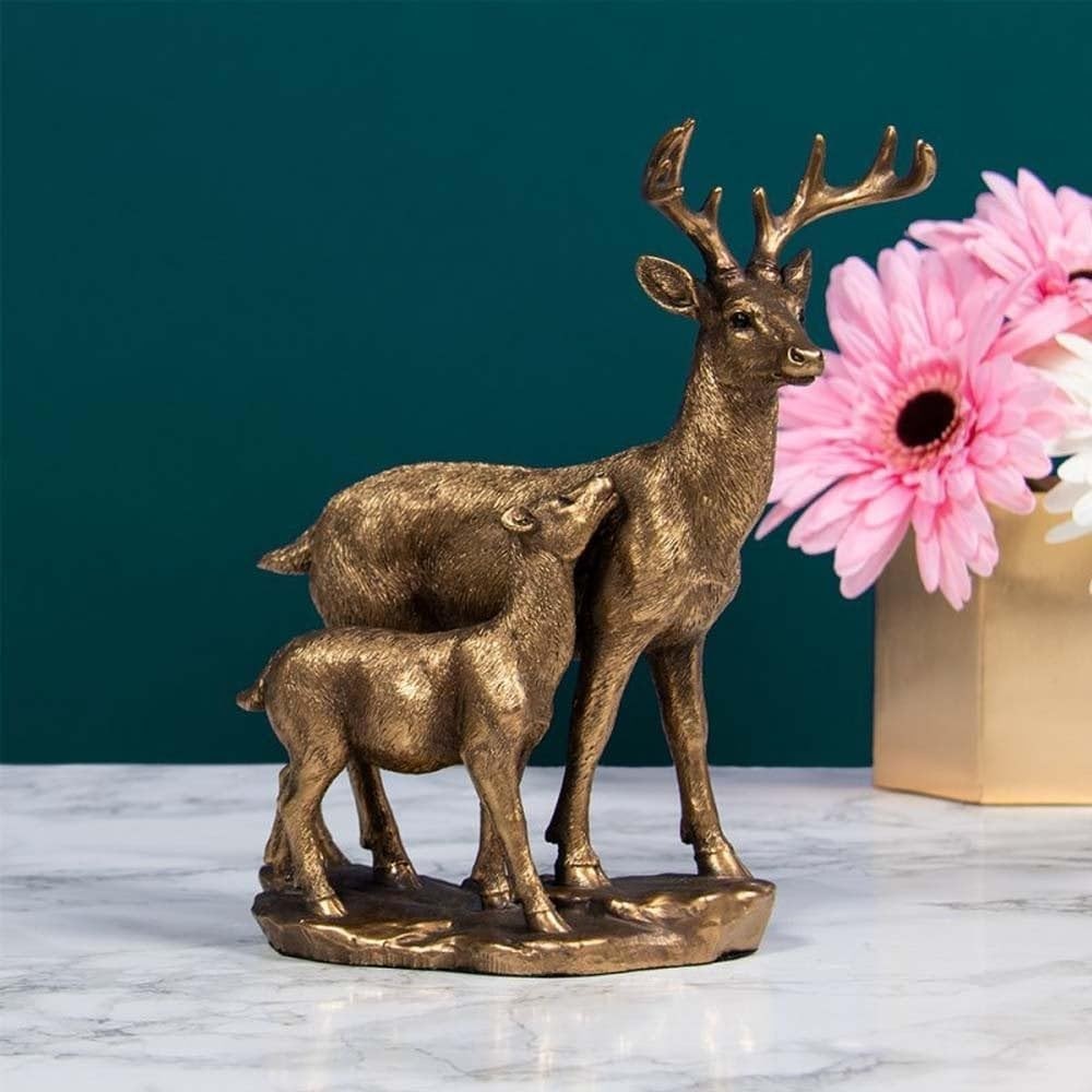 Bronzed Deer & Fawn Ornament Sculpture Resin Wildlife Figure Home Garden Decor