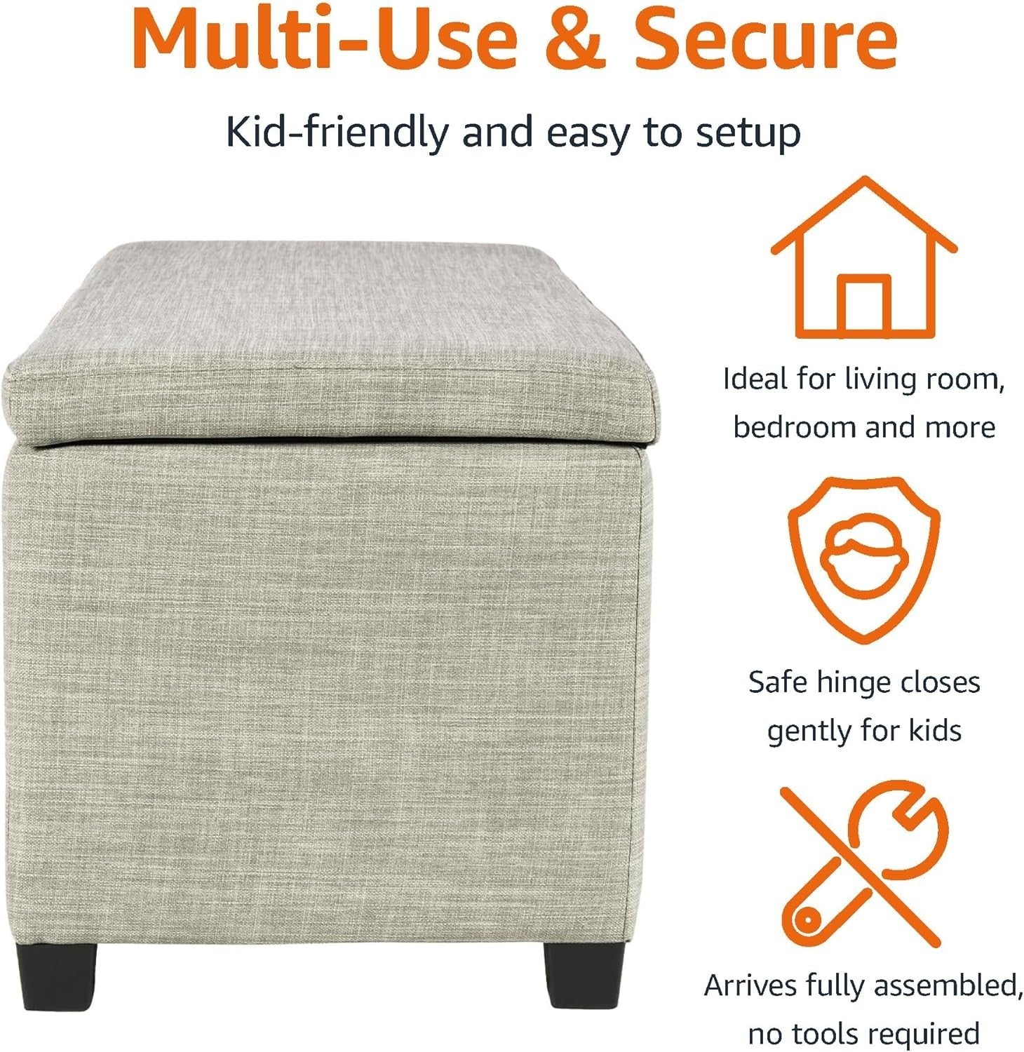 Beige Upholstered Storage Ottoman Bench Soft Close Lid Fabric Seat Box 90x42x43