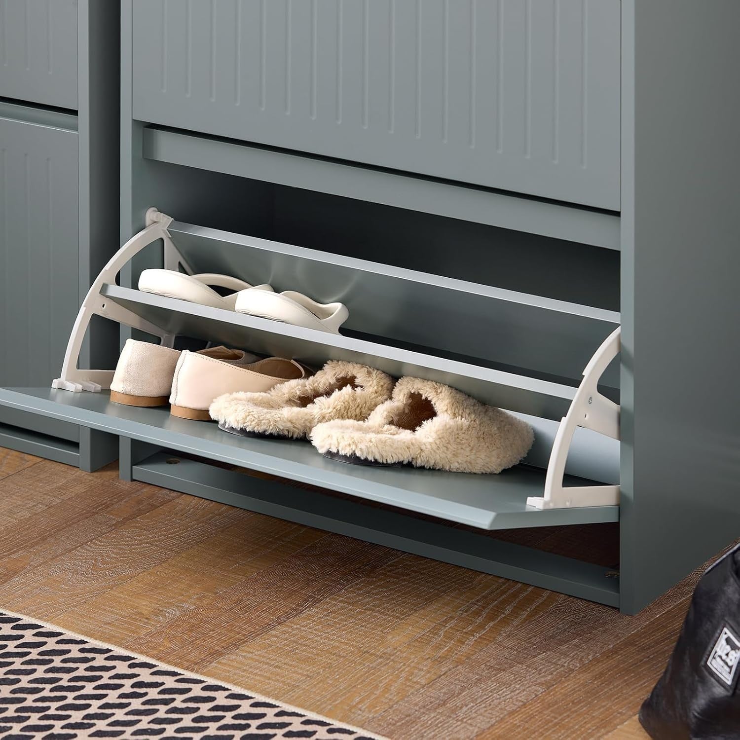 Tall Slim Shoe Cabinet with 3 Flip Drawers – Grey Hallway Storage Unit
