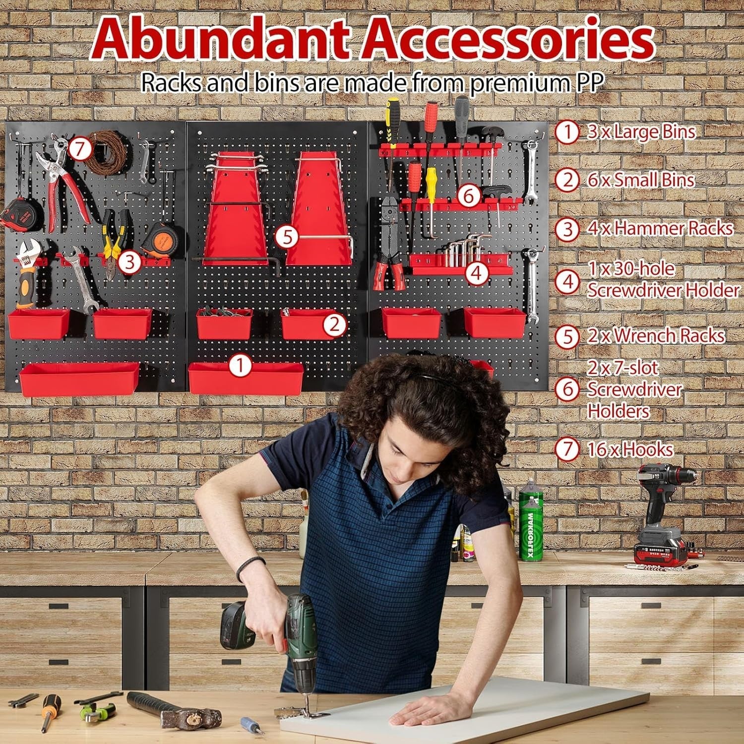 Black+Red Pegboard Tool Organizer 3 Boards 34 Accessories Wall Rack