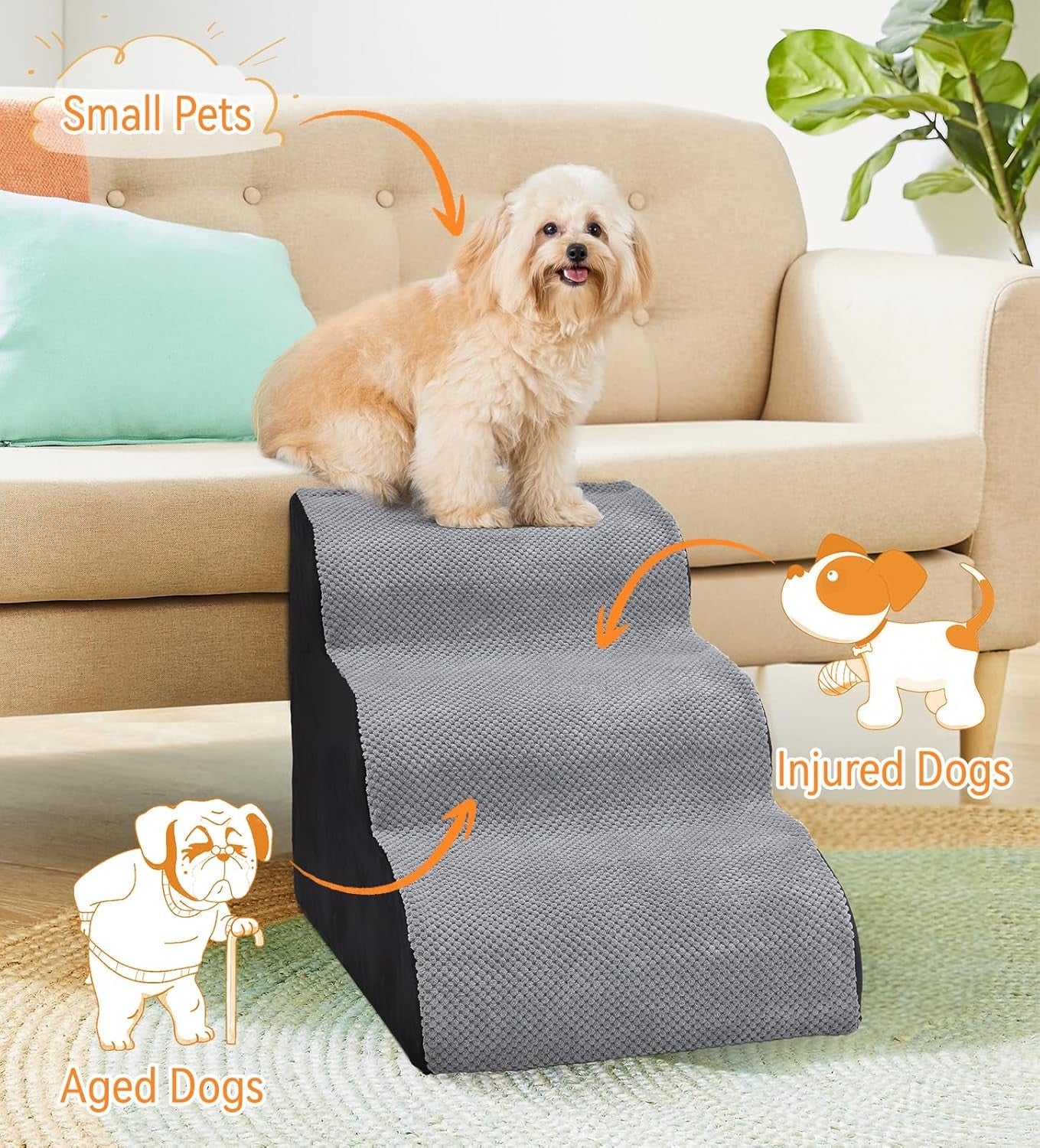 3 Step Dog Stairs Foam Pet Ramp Non Slip Grey 55x40x35cm