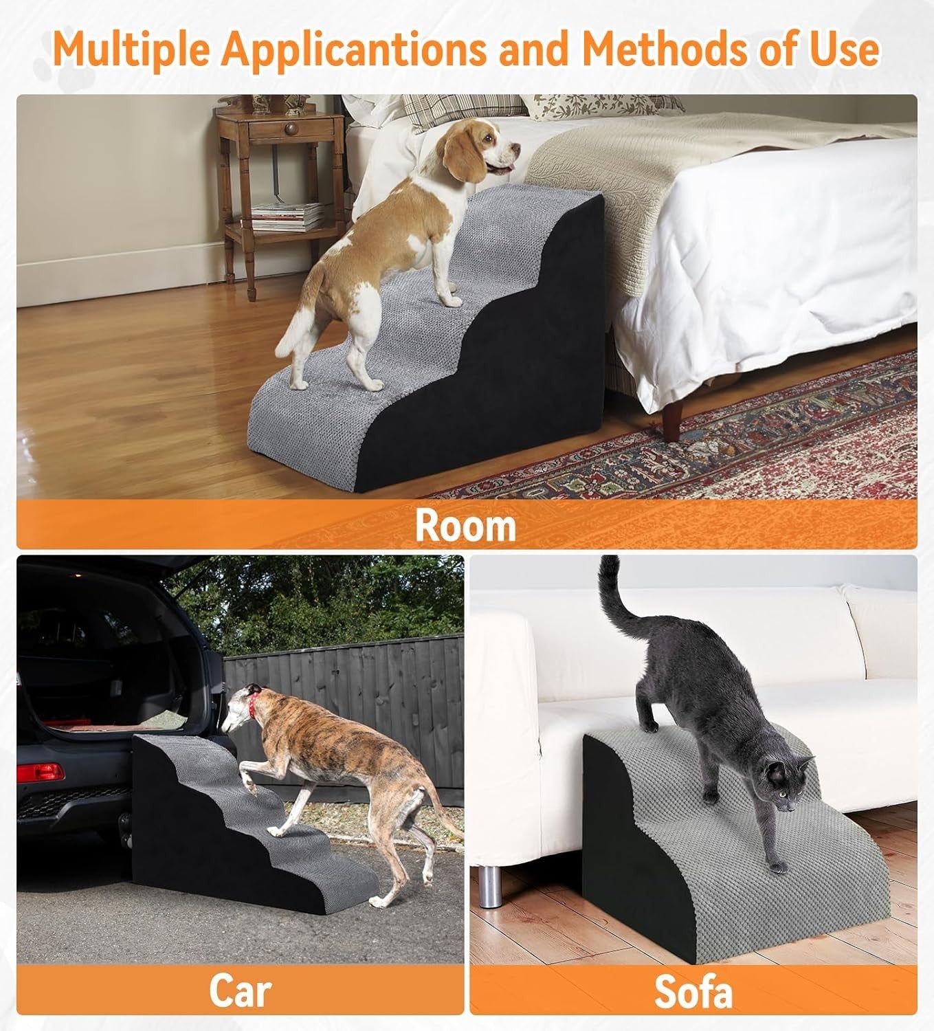 3 Step Dog & Cat Stairs Foam Ramp Non Slip Grey for Bed Sofa