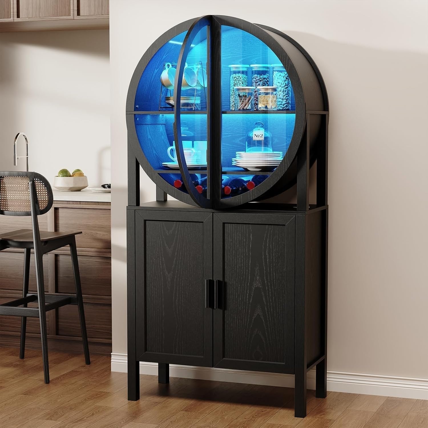 Round Wine Bar Cabinet with LED Lights, Tall Drinks Display Storage Unit, Black