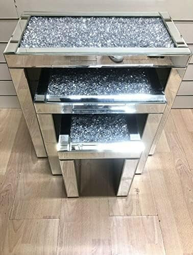 Crushed Diamond Coffee Table Nest Set Mirrored Silver Glass Wood Rectangular