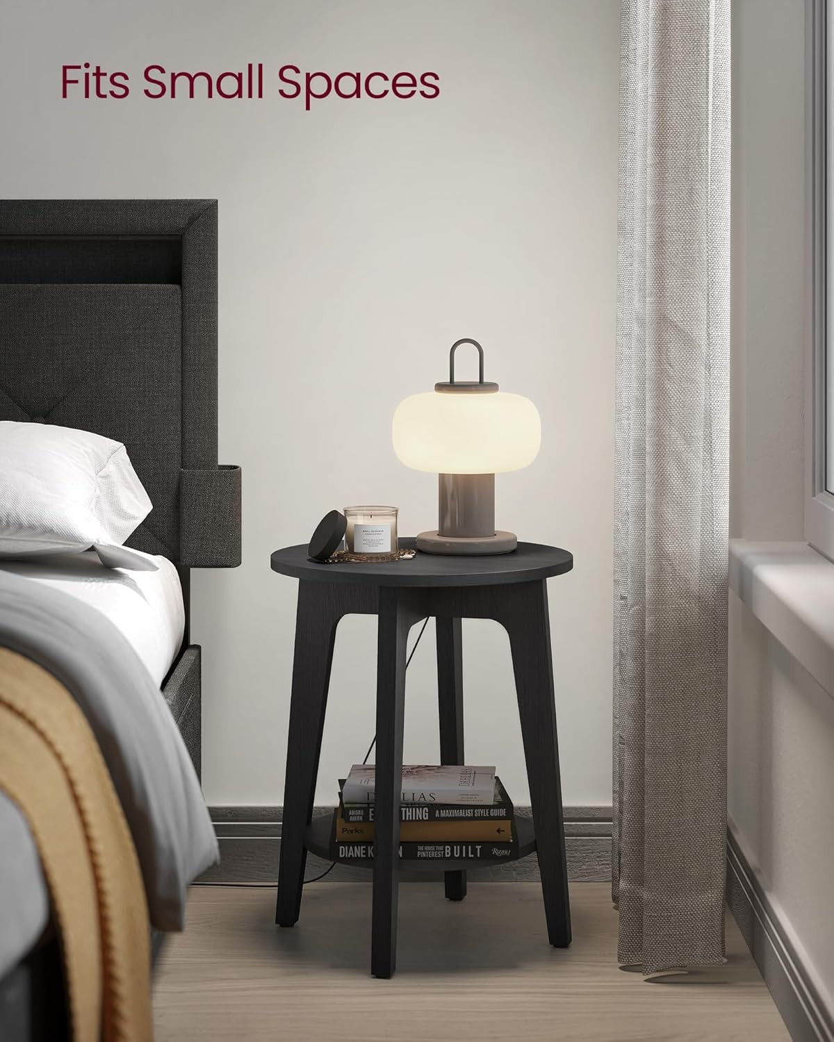 Round Black Side Table with Shelf, Small 2-Tier End Table for Living Room