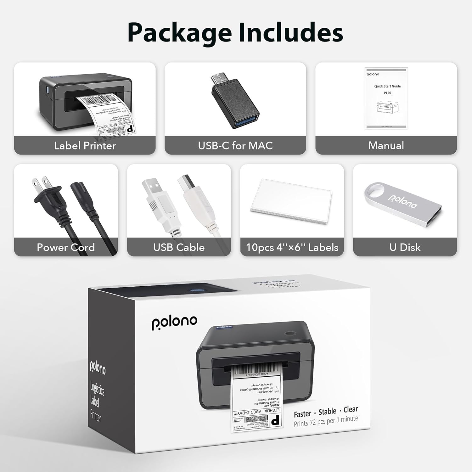 POLONO Grey Thermal Label Printer 4x6 USB Shipping Barcode Maker