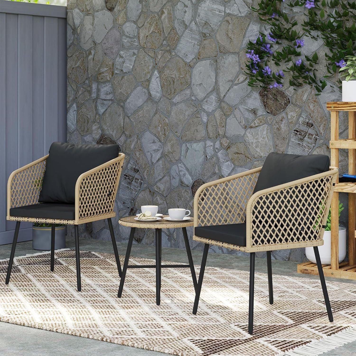 3 Piece Rattan Bistro Set Patio Chairs with Glass Table Balcony Seating