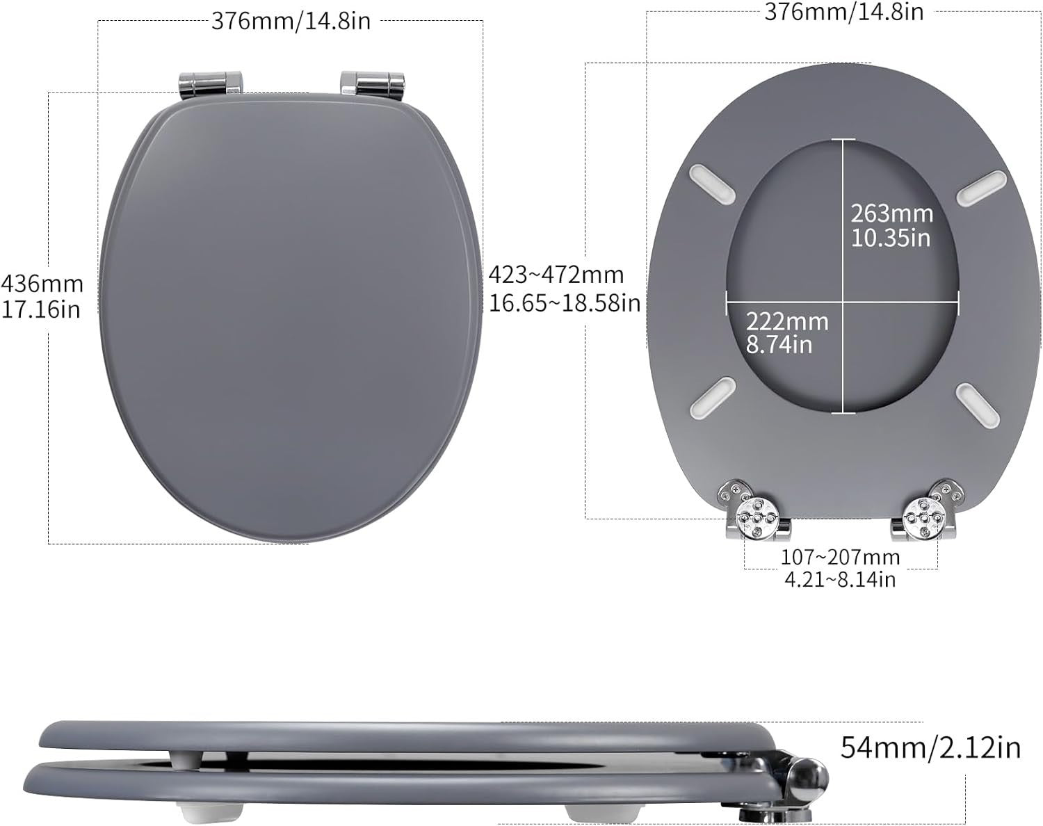 Grey Wooden Toilet Seat MDF Soft Close Adjustable Hinges 43.5x37.5cm