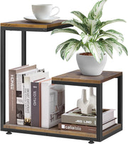 G-Shaped 3-Tier Side Table with Storage Metal Frame Rustic Brown Small Space