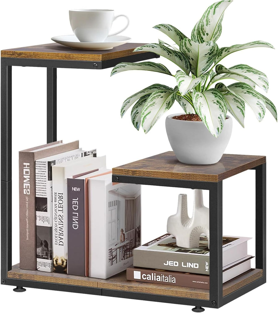 G-Shaped 3-Tier Side Table with Storage Metal Frame Rustic Brown Small Space