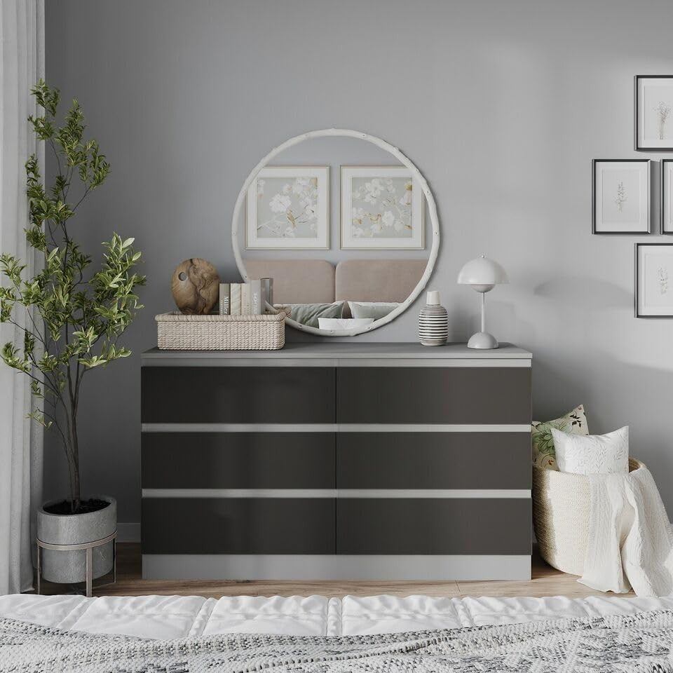 Modern 6 Drawer Chest Grey Black Storage Cabinet for Bedroom Office
