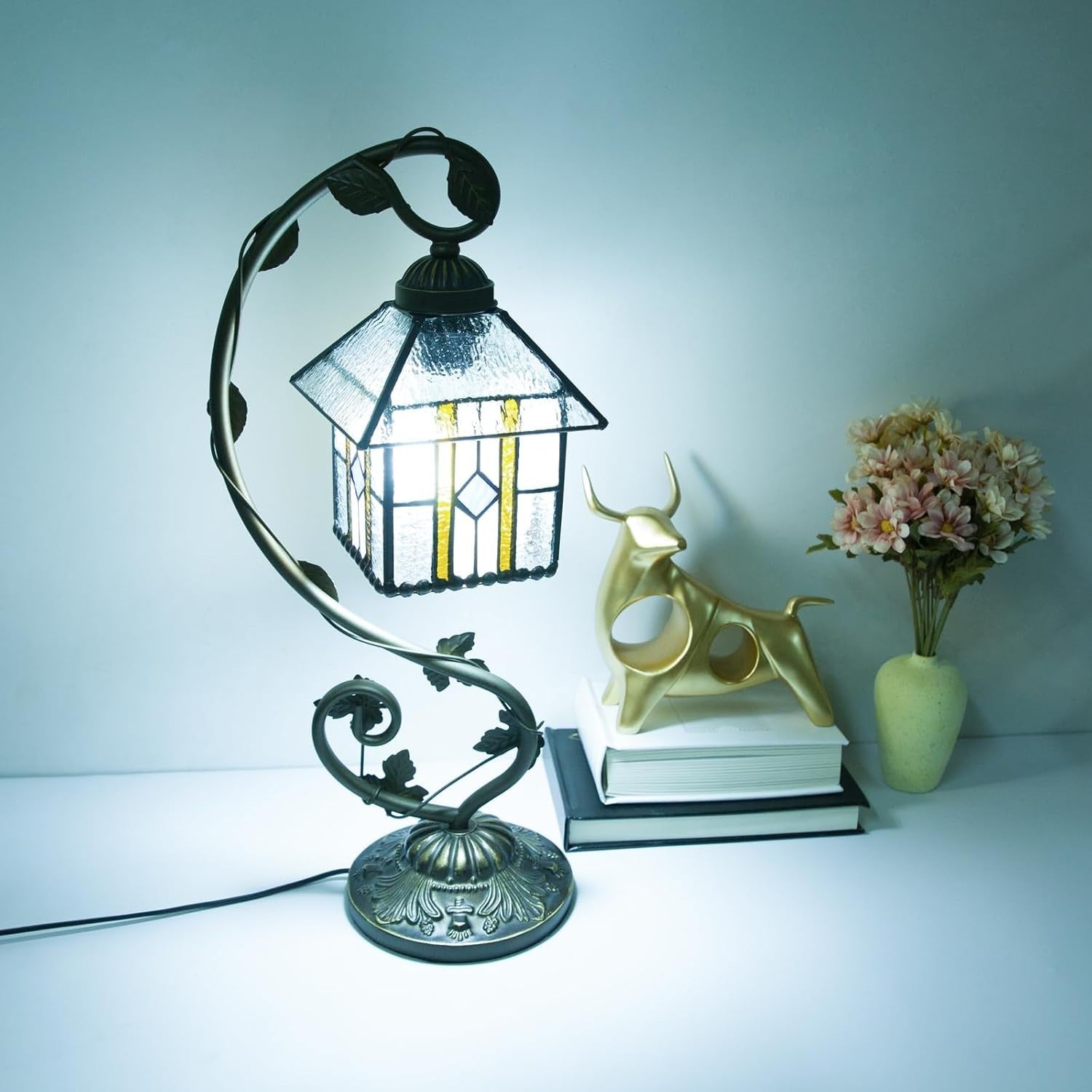 Stained Glass Table Lamp Remote Control Dimmable 3 Color Temp 28x20x52cm