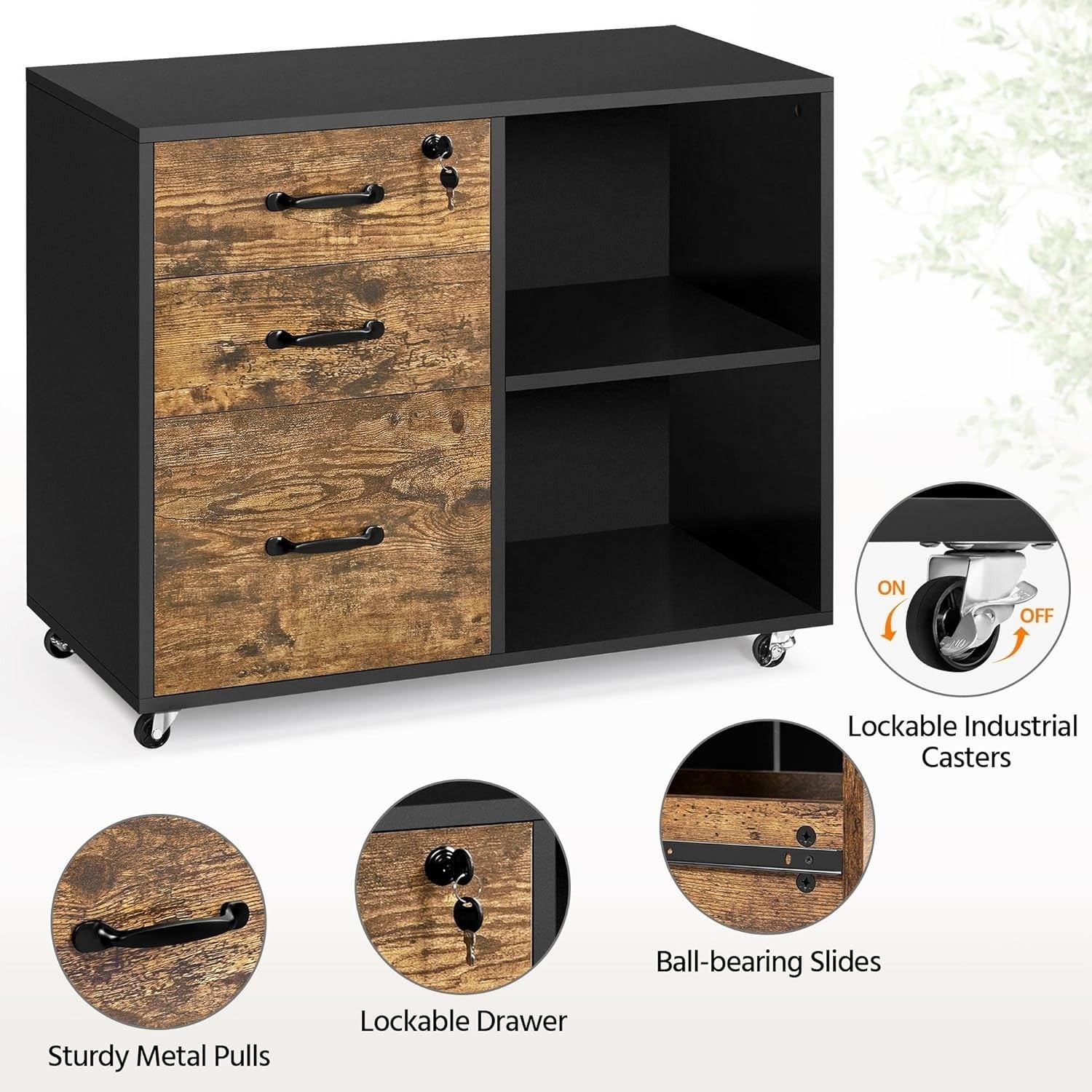 Rustic Brown Black Mobile Filing Cabinet 3 Drawer Home Office Storage Unit