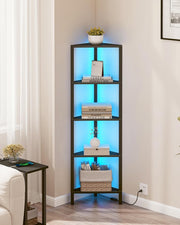 5-Tier Corner Bookshelf with LED Lights Slim Display Storage Unit for Small Spac