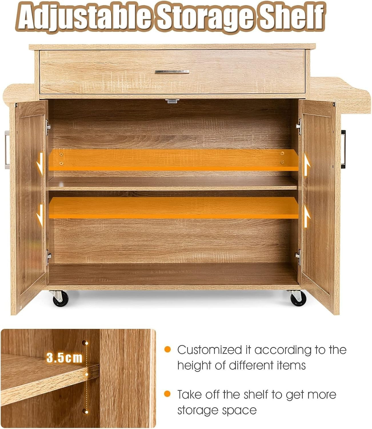 Large Kitchen Island Trolley Drawer Cabinet 116cm Natural