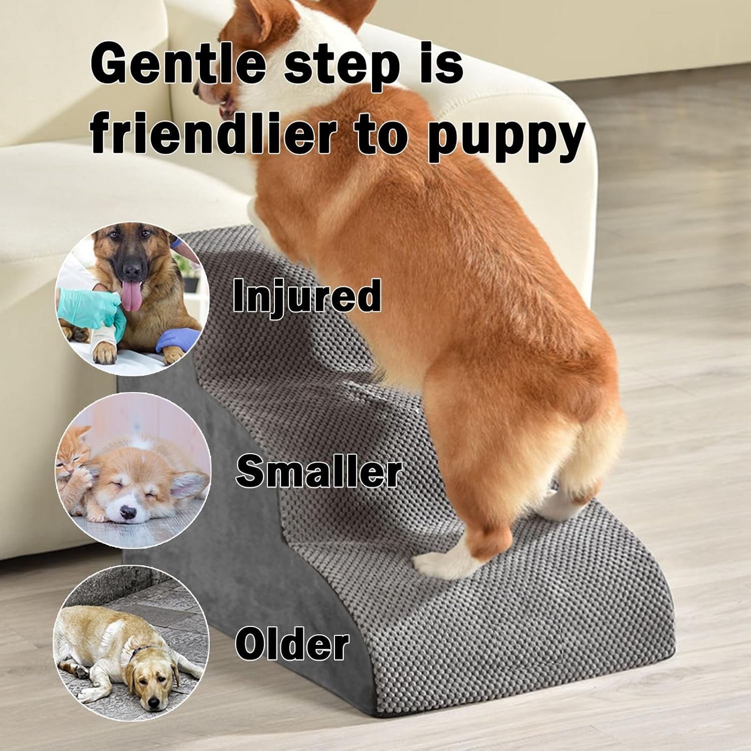 Dog Steps for Bed 3 Tier Anti-Slip Pet Stairs Foam Ramp Washable Cover